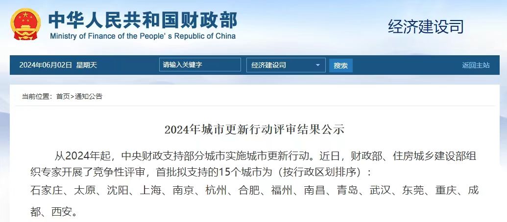 2024年城市更新行動評審結果已公示，全國15座試點城市，新的基建項目要火速開展了！
